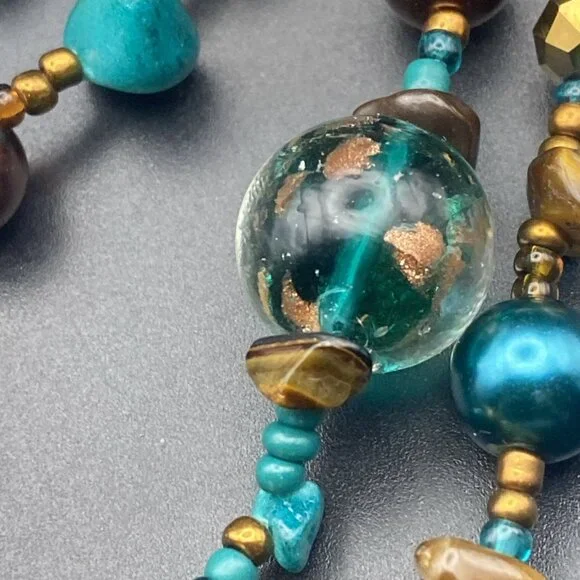 NWT Vtg EsMor Necklace Earring Set Faux Turquoise Copper Gold Foil Glass Bead - Picture 5 of 7